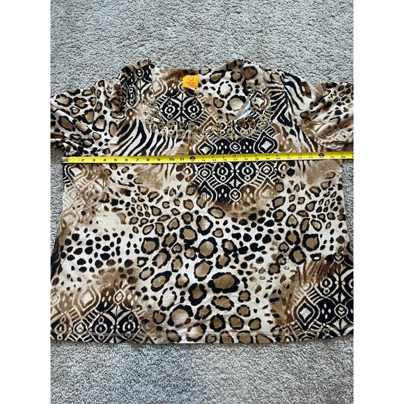 Ruby Rd. Womens Animal Print Top Leopard & Tribal Design Size 2X Gold Accents - Picture 3 of 9